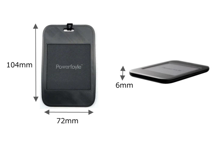 photo of the device: 104 mm tall, 72 mm wide, and 6 mm thick.