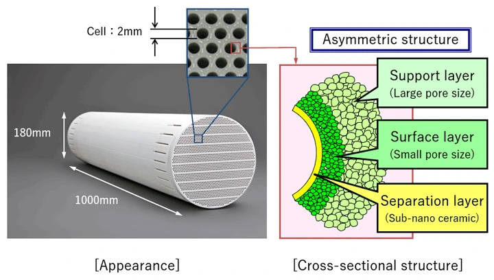 Appearance and cross-sectional structure of sub-nano ceramic membrane.