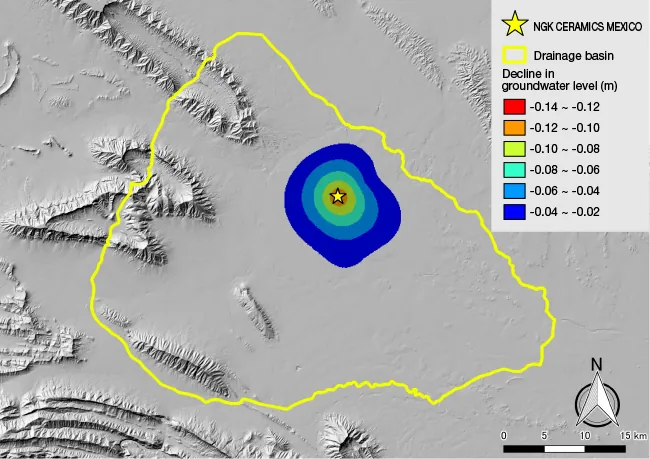 This is a visualization of the impact of NGK CERAMICS MEXICO’s water intake on groundwater levels in the surrounding area. It shows the change in groundwater levels in the area centered on the production site.