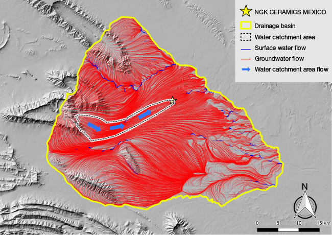 This is a visualization of the 3D simulation of the groundwater and surface water flow to assess the level of water stress in NGK CERAMICS MEXICO’s water catchment area and wider drainage basin. It shows the paths of water flow and the direction of flow in the plant’s water catchment area.