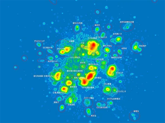 This figure illustrates the IP landscape. It visualizes the distribution of all patent applications, with the red areas showing where multiple patents overlap.